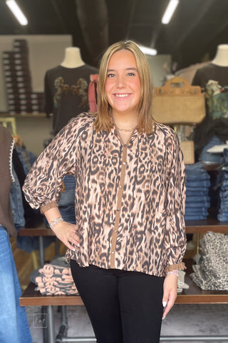 Umgee Taupe Abstract Animal Leopard Print Long Sleeve Blouse WD1252 front view