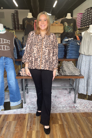 Umgee Taupe Abstract Animal Leopard Print Long Sleeve Blouse WD1252 front view full outfit