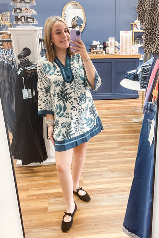 Umgee teal mix Botanical Shift Mini Dress Velvet Contrast Trim D1103 mirror selfie