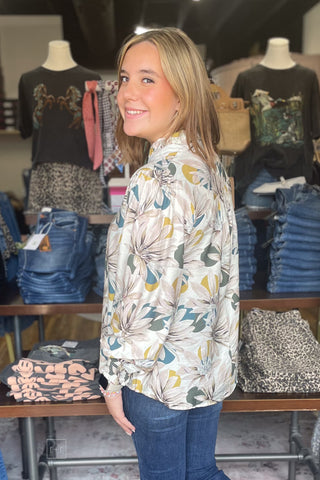 Umgee Teal Mix Floral Print Long Sleeve Blouse smocked cuffs D1281 side view