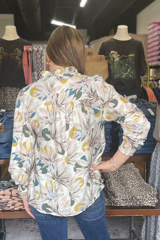 Umgee Teal Mix Floral Print Long Sleeve Blouse smocked cuffs D1281 back view