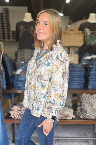 Umgee Teal Mix Floral Print Long Sleeve Blouse smocked cuffs D1281 side view
