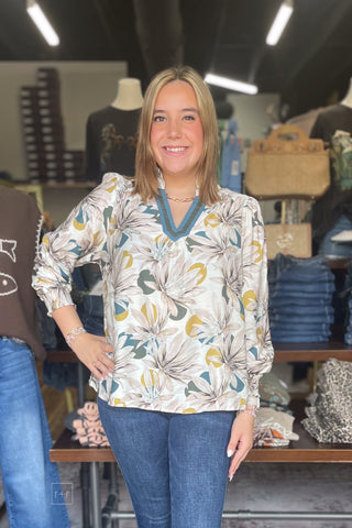 Umgee Teal Mix Floral Print Long Sleeve Blouse smocked cuffs D1281 front view