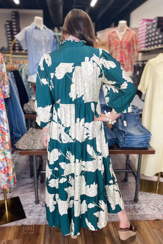 Umgee teal midi dress floral print tiered skirt 3/4 sleeves C6698 back view