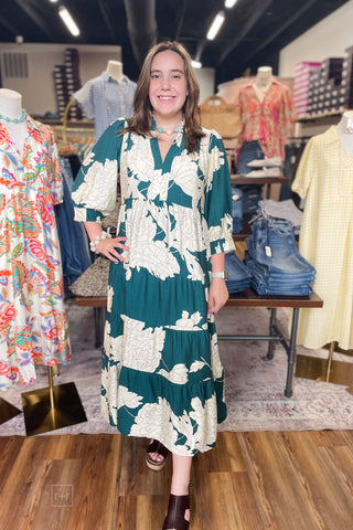 Umgee teal midi dress floral print tiered skirt 3/4 sleeves C6698 front view
