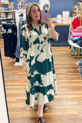 Umgee teal midi dress floral print tiered skirt 3/4 sleeves C6698 mirror selfie