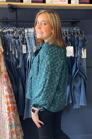 Umgee teal Jacquard Tie Neck Textured Blouse Business Casual 3/4 balloon sleeves C6665 side view