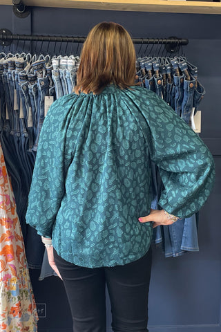 Umgee teal Jacquard Tie Neck Textured Blouse Business Casual 3/4 balloon sleeves C6665 back view