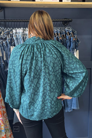 Umgee teal Jacquard Tie Neck Textured Blouse Business Casual 3/4 balloon sleeves C6665 back view
