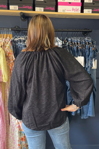 Umgee black Jacquard Tie Neck Textured Blouse Business Casual 3/4 balloon sleeves C6665 back view