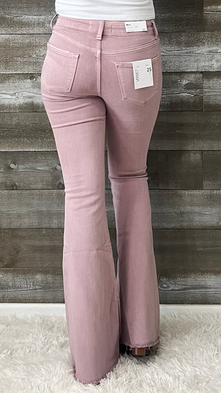 sea fog vervet denim by flying monkey high rise raw hem super flare jeans violet V3084SF