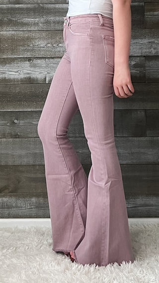 sea fog vervet denim by flying monkey high rise raw hem super flare jeans violet V3084SF