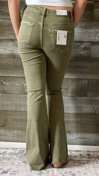 vervet denim high rise raw hem super flare jeans covert green V3084CG