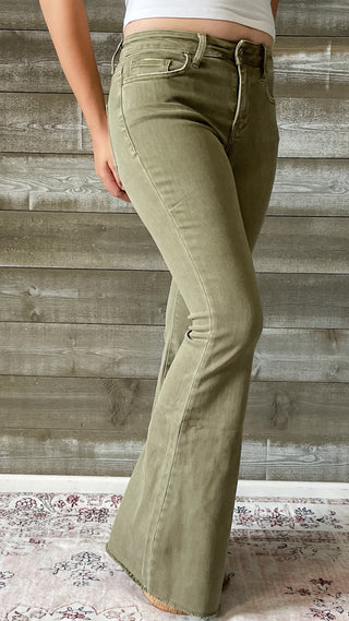 vervet denim high rise raw hem super flare jeans covert green V3084CG