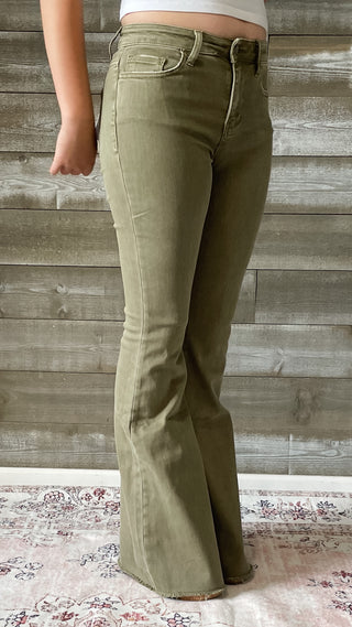 vervet denim high rise raw hem super flare jeans covert green V3084CG