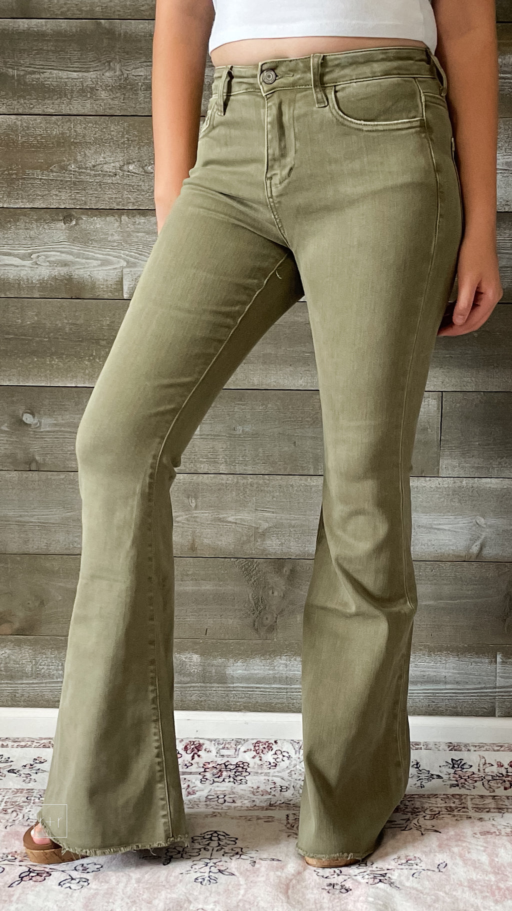 vervet denim high rise raw hem super flare jeans covert green V3084CG