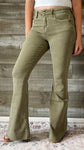 vervet denim high rise raw hem super flare jeans covert green V3084CG