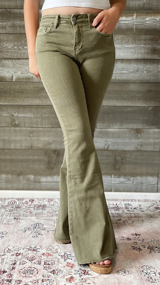 vervet denim high rise raw hem super flare jeans covert green V3084CG