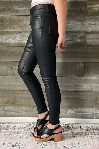 vervet denim jet black glossy faux leather PU mid rise crop skinny jeans V3442