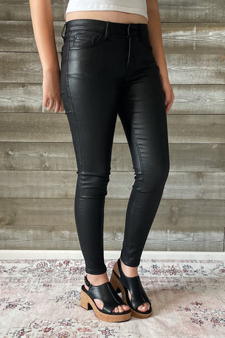 vervet denim jet black glossy faux leather PU mid rise crop skinny jeans V3442