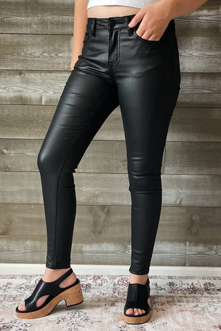 vervet denim jet black glossy faux leather PU mid rise crop skinny jeans V3442