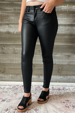 vervet denim jet black glossy faux leather PU mid rise crop skinny jeans V3442