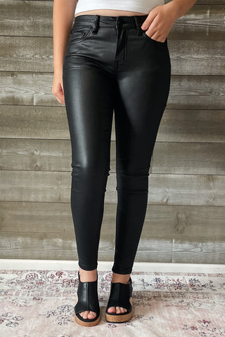 vervet denim jet black glossy faux leather PU mid rise crop skinny jeans V3442