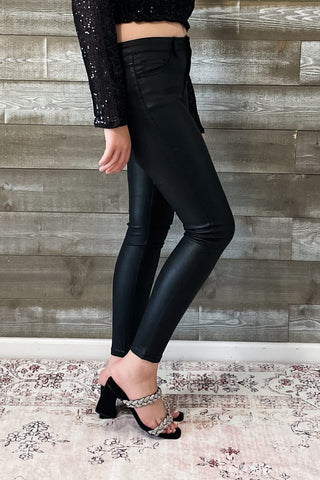 vervet denim jet black glossy faux leather PU mid rise crop skinny jeans V3442