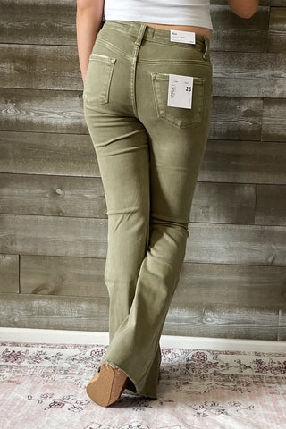 vervet denim high rise raw hem super flare jeans covert green V3084CG