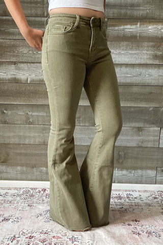 vervet denim high rise raw hem super flare jeans covert green V3084CG