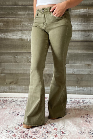 vervet denim high rise raw hem super flare jeans covert green V3084CG