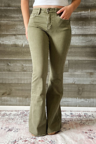 vervet denim high rise raw hem super flare jeans covert green V3084CG