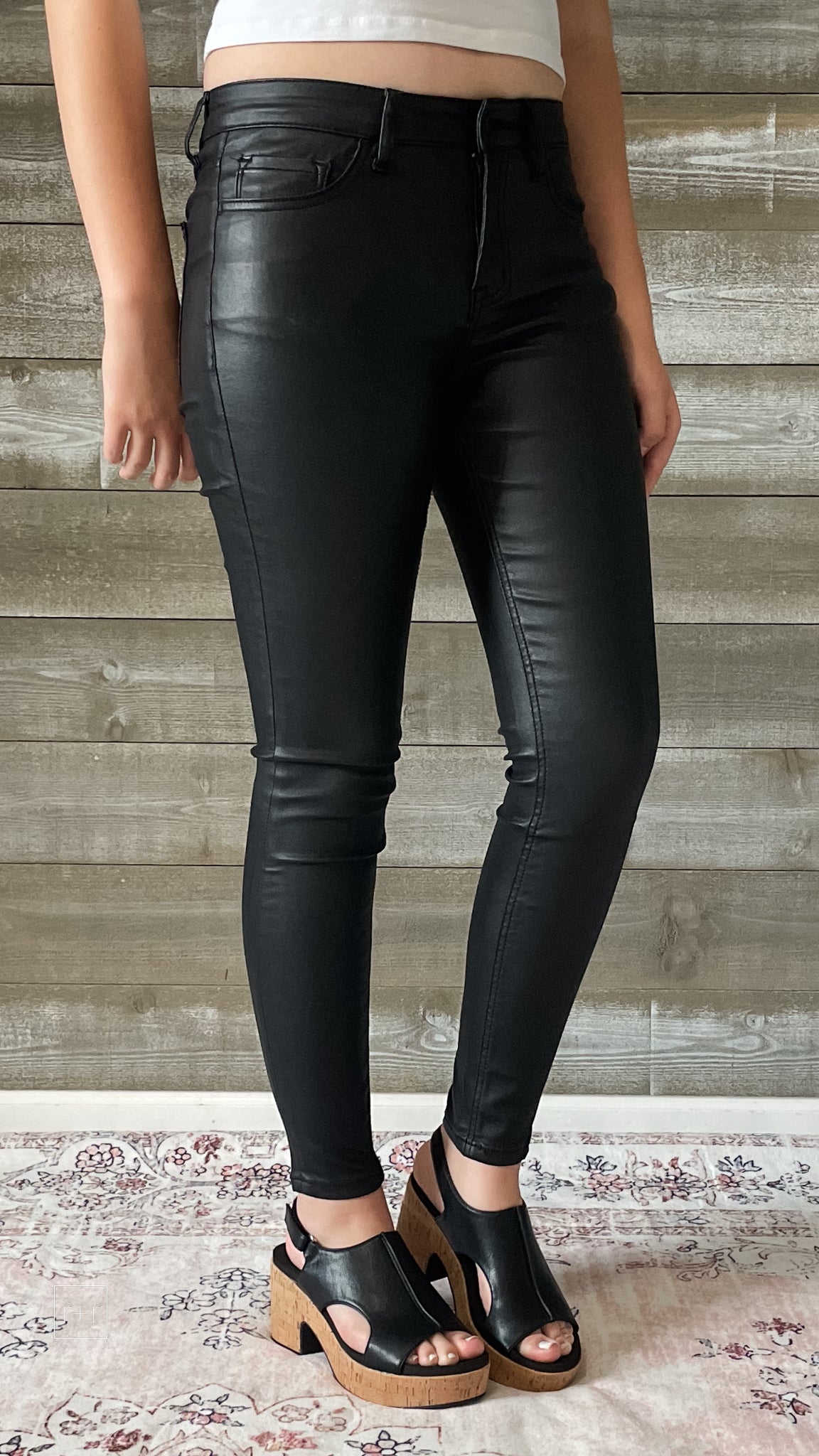 vervet denim jet black glossy faux leather PU mid rise crop skinny jeans V3442