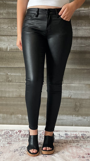 vervet denim jet black glossy faux leather PU mid rise crop skinny jeans V3442