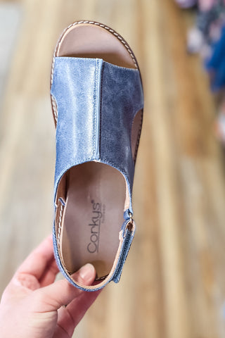 Corkys Footwear Ocean Blue Volta Lower Heel Wedge Spring Sandal with Natural Raffia wrapped wedge