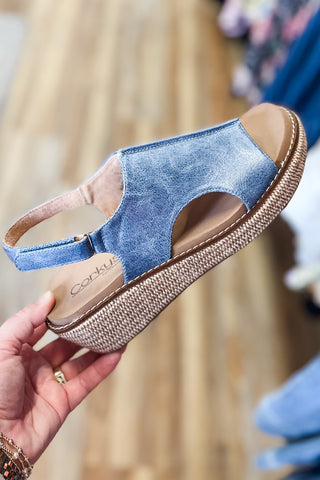 Corkys Footwear Ocean Blue Volta Lower Heel Wedge Spring Sandal with Natural Raffia wrapped wedge