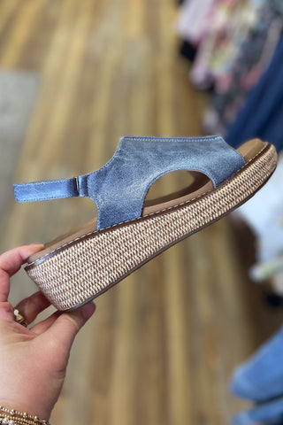 Corkys Footwear Ocean Blue Volta Lower Heel Wedge Spring Sandal with Natural Raffia wrapped wedge