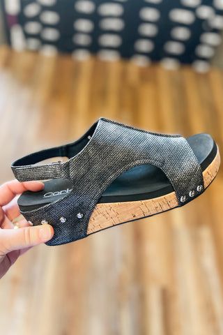 Corkys Footwear Volta II Black Shimmery Silvery Texture Low Heel Wedge for fall and winter