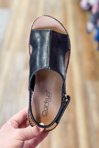Corkys Footwear Black 2 Volta II Lower Heel Wedge Cushioned Sandal with Natural Raffia wrapped wedge