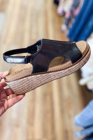 Corkys Footwear Black 2 Volta II Lower Heel Wedge Cushioned Sandal with Natural Raffia wrapped wedge