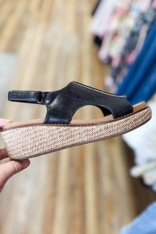 Corkys Footwear Black 2 Volta II Lower Heel Wedge Cushioned Sandal with Natural Raffia wrapped wedge