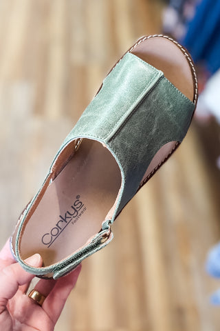 Corkys Footwear Leaf Green Volta Lower Heel Wedge Sandal with Natural Raffia wrapped wedge