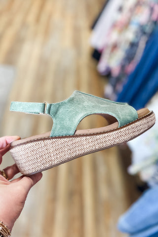 Corkys Footwear Leaf Green Volta Lower Heel Wedge Sandal with Natural Raffia wrapped wedge