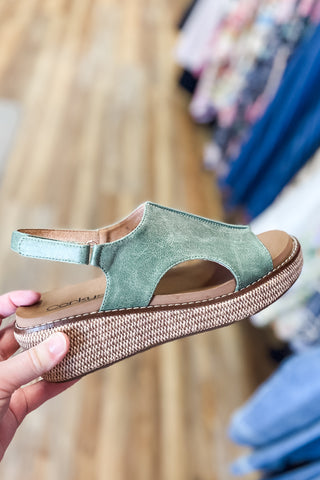 Corkys Footwear Leaf Green Volta Lower Heel Wedge Sandal with Natural Raffia wrapped wedge