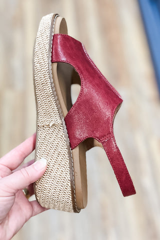 Corkys Footwear Red Smooth Volta Lower Heel Wedge Sandal with Raffia wrapped heel