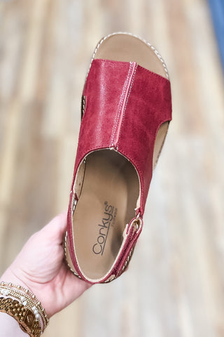 Corkys Footwear Red Smooth Volta Lower Heel Wedge Sandal with Raffia wrapped heel