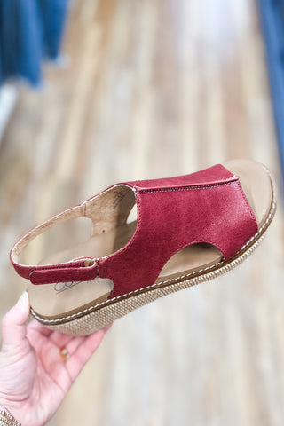 Corkys Footwear Red Smooth Volta Lower Heel Wedge Sandal with Raffia wrapped heel
