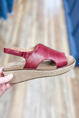 Corkys Footwear Red Smooth Volta Lower Heel Wedge Sandal with Raffia wrapped heel