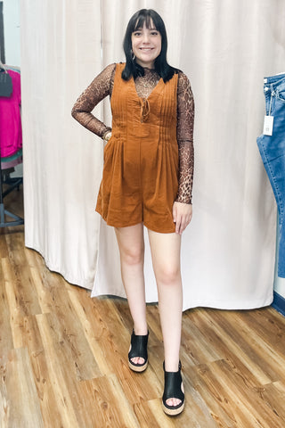 Wishlist Corduroy Pleated Fall Shorts Romper Camel wl25-10978