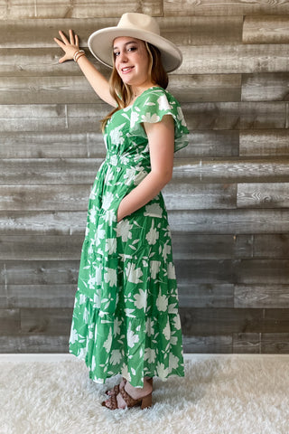 wishlist green and white floral maxi dress flutter sleeves WL23-8121